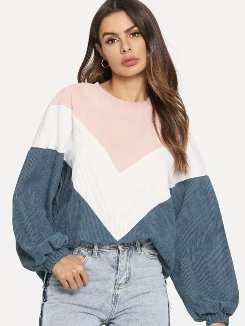 SHEIN Chevron Corduroy Colorblock Sweatshirt - Mauve/Gray/White Lantern Sleeve